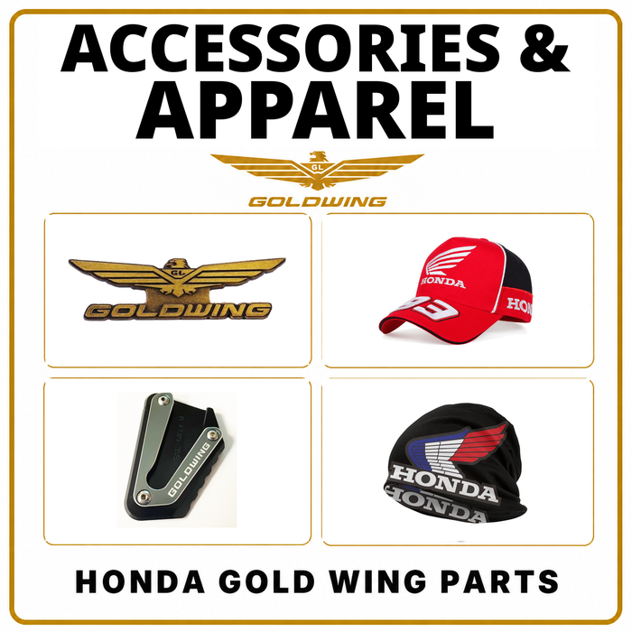 Honda Gold Wing accessories and apparel with emblem, Honda cap, side-stand extension and rider beanie.