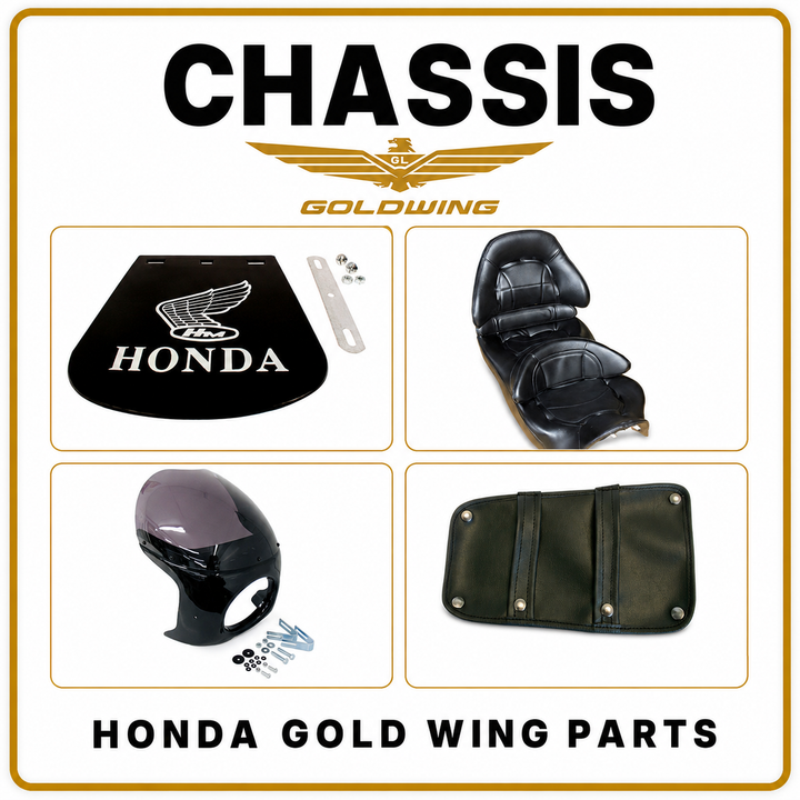 Honda Gold Wing chassis and body parts with mud flap, touring seat, front fairing and fairing pocket cover.