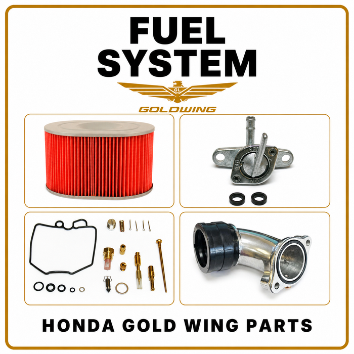 Honda Gold Wing fuel-system parts with air filter, petcock, carburetor kit and intake manifold.