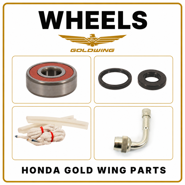 Honda Gold Wing wheel parts with bearing, oil seals, rim-protection tools and angled valve stem.