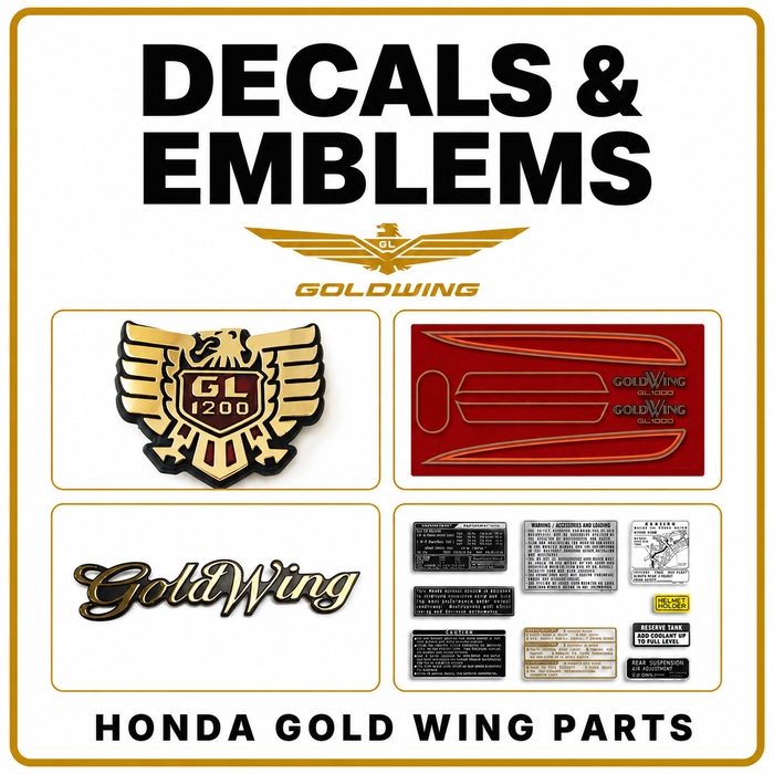 Honda Gold Wing decals and emblems with GL1200 badge, GL1000 stripe set, script emblem and warning labels.