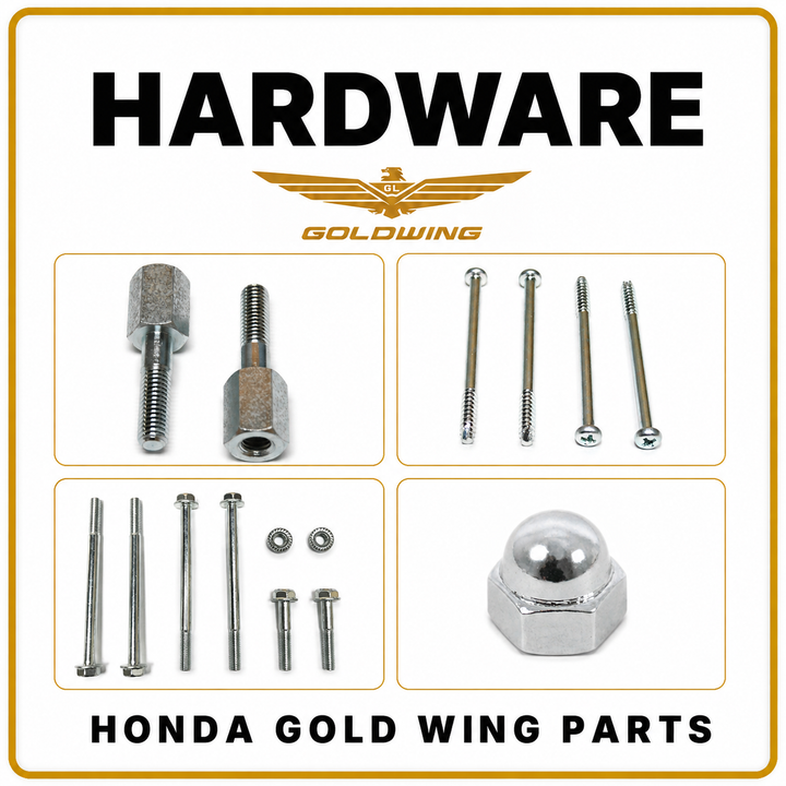 Honda Gold Wing hardware with threaded spacers, screws, bolt set and chrome acorn nut.