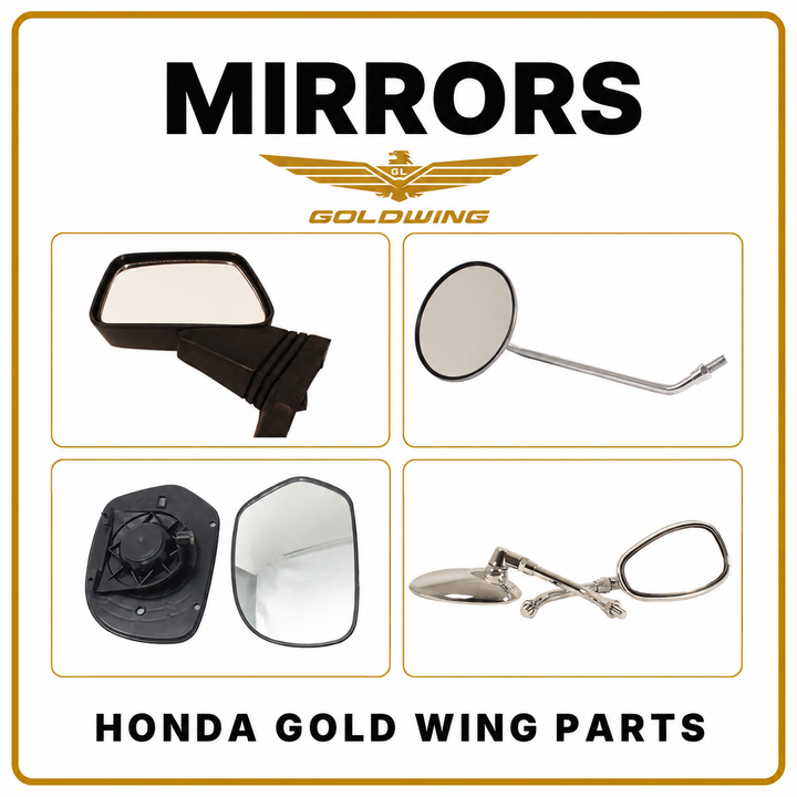 Honda Gold Wing mirrors with black fairing mirror, round stem mirror, replacement glass and chrome mirror set.