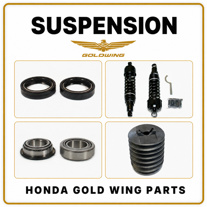 Honda Gold Wing suspension parts with fork seals, rear shocks, steering bearings and fork boot.