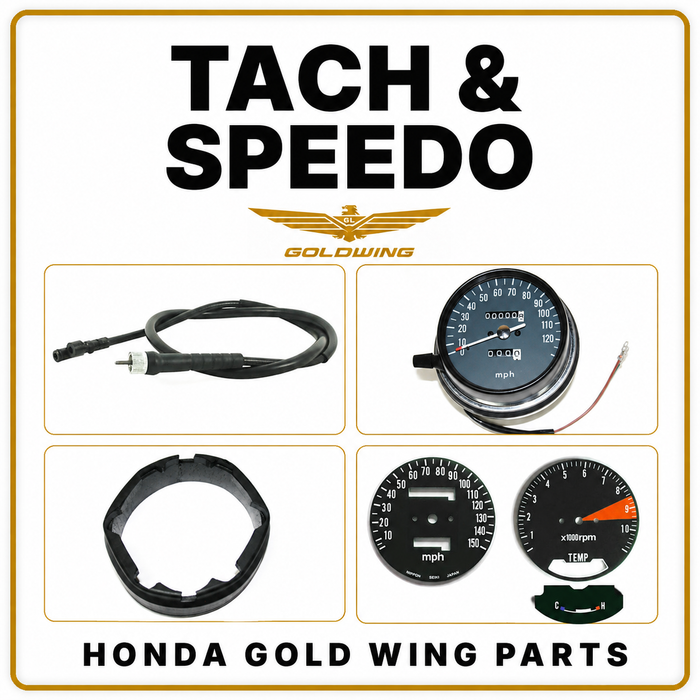 Honda Gold Wing tachometer and speedometer parts with cable, speedometer, gauge trim ring and gauge faces.