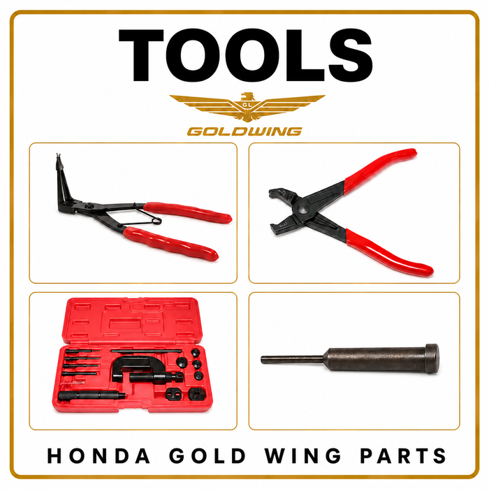 Honda Gold Wing motorcycle tools with snap-ring pliers, link pliers, cam-chain tool and breaker pin.