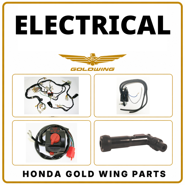 Honda Gold Wing electrical parts with wiring harness, ignition coil, handlebar switch and spark plug cap.
