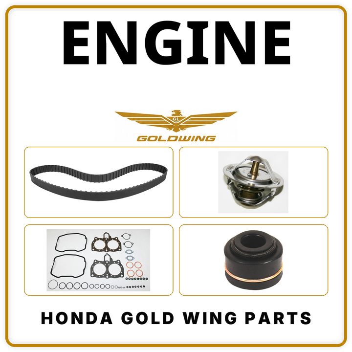 Honda Gold Wing engine parts with timing belt, thermostat, gasket set and valve stem seal.