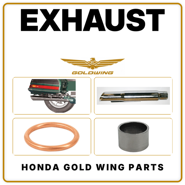 Honda Gold Wing exhaust parts with exhaust system, chrome muffler, copper gasket and exhaust seal.