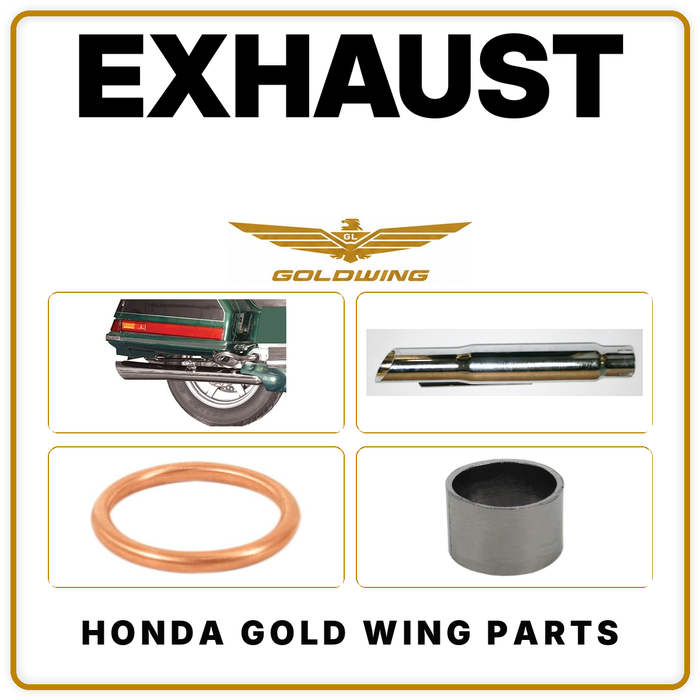 Honda Gold Wing exhaust parts with exhaust system, chrome muffler, copper gasket and exhaust seal.