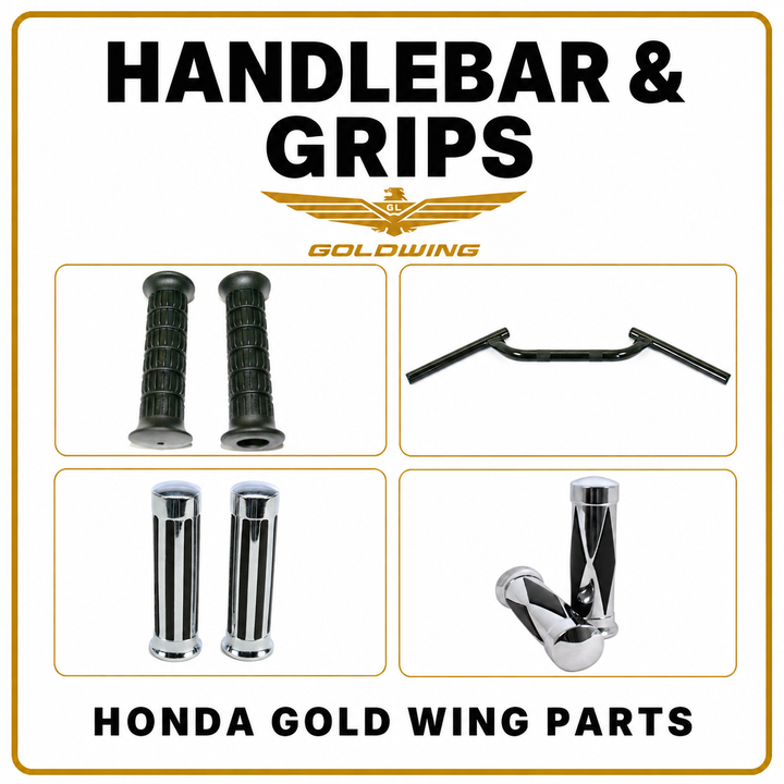 Honda Gold Wing handlebars and grips with rubber grips, black handlebar and two chrome grip styles.