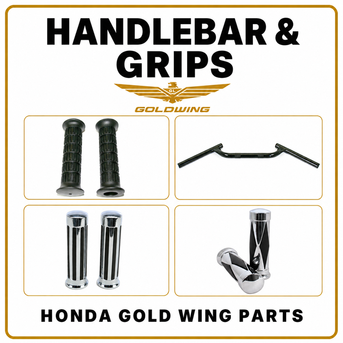 Honda Gold Wing handlebars and grips with rubber grips, black handlebar and two chrome grip styles.