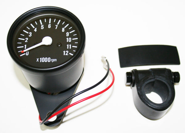 Universal motorcycle 5:1 mini tachometer all black w bar clamp