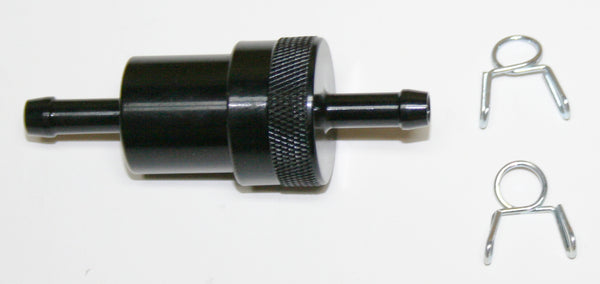 Universal motorcycle CNC machined black anodized fuel filter w clips