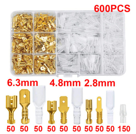 Universal motorcycle 600-piece flat style pin connector set with covers and storage case